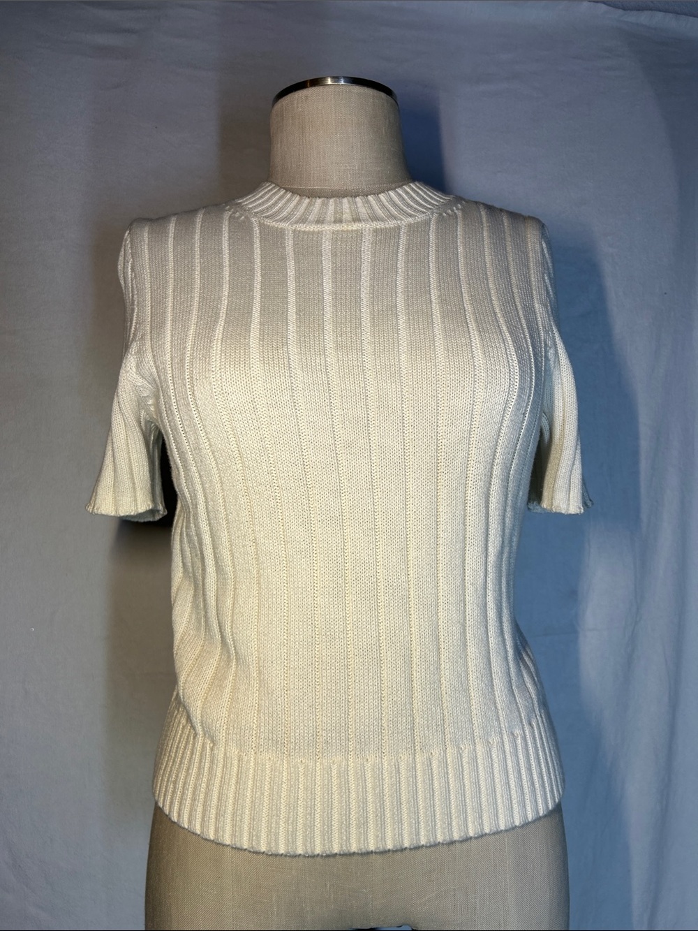 Express Ribbed Short-Sleeve Crew Sweater in Cream